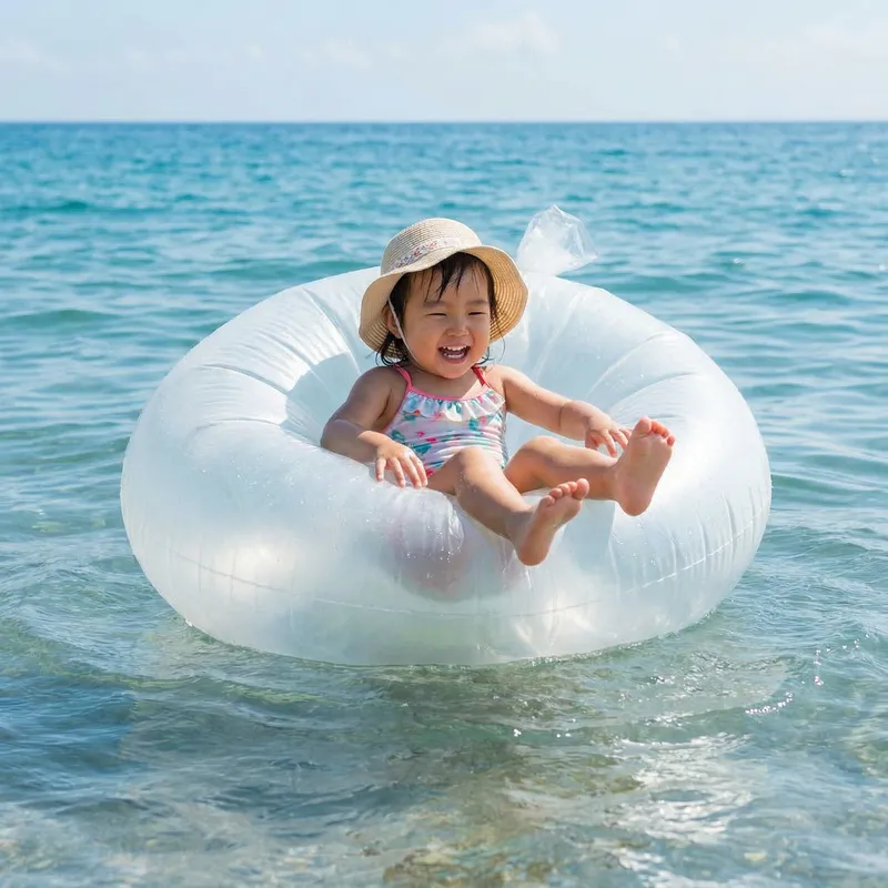 Adorable Asian Toddler Girl Joyfully Floating on Ocean in Unique Inflated Diaper