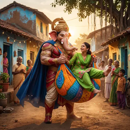 Ganesha Super Hero Scene: Indian Village Playful Delight