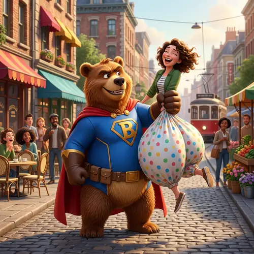 Superhero Care Bear Scene: Joyful Woman Held in Balloon Diaper