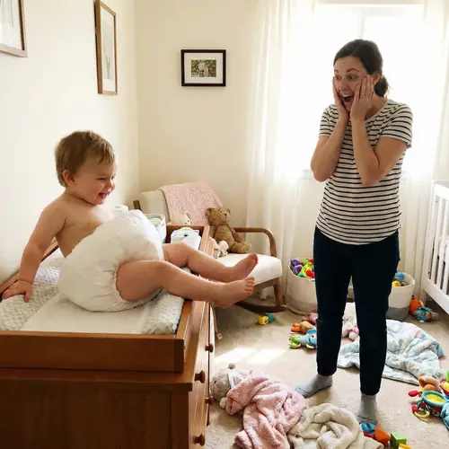 Joyful Toddler in Comically Large Inflated Diaper