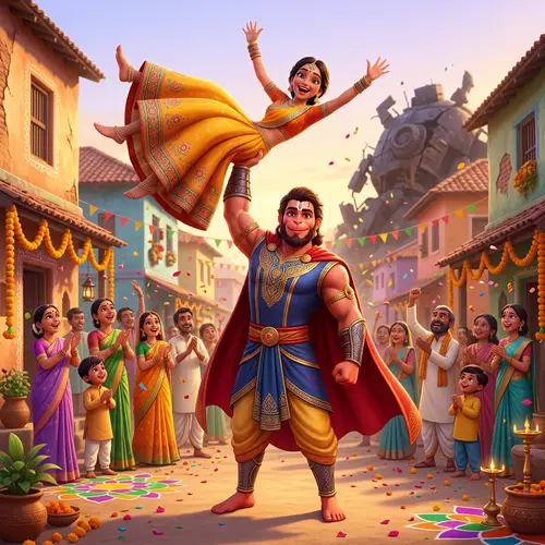 Indian Deity as Superhero Saves Village Woman Scene