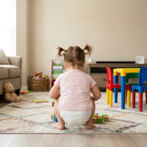 Cute Toddler Girl Squatting in Well-Lit Room