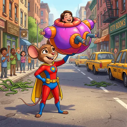 Superhero Minnie Mouse Saving Woman in Inflated Outfit