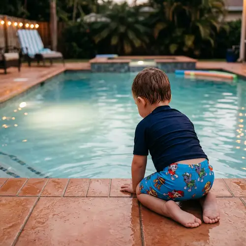 Toddler in Paw Patrol Swim Shorts by Poolside