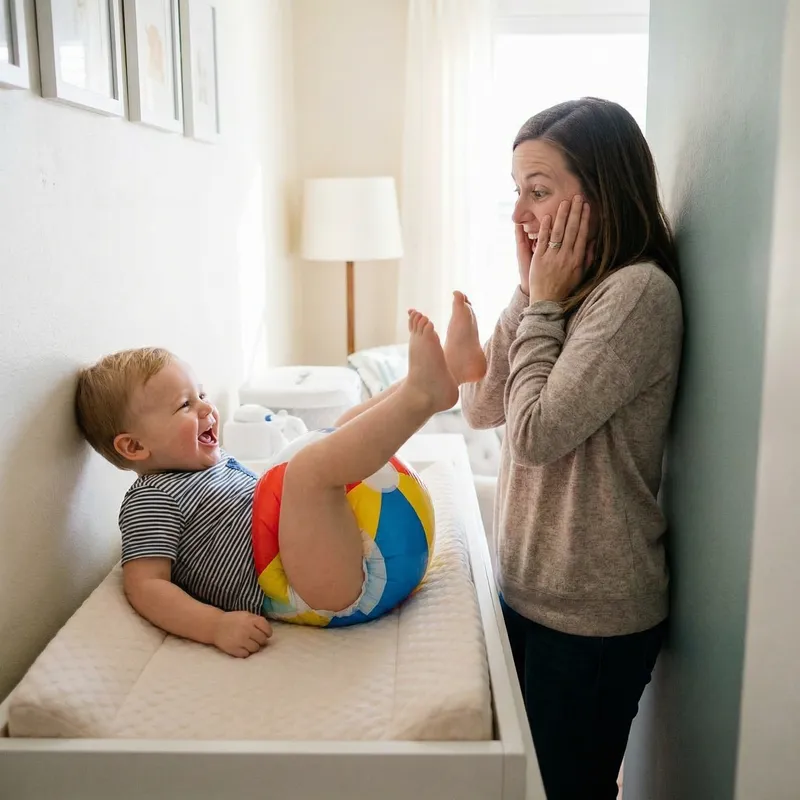 Adorable Toddler Kicking with Joy in Oversized Inflated Diaper Adorable Toddler Kicking with Joy in Oversized Inflated Diaper