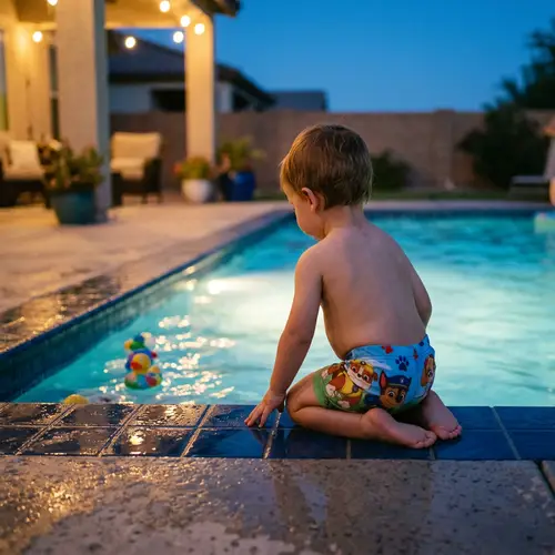 Adorable Toddler in Paw Patrol Swim Shorts by Pool at Dusk