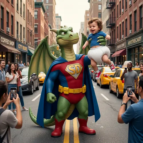 Dragon Superhero and Excited Child | Unique Street Scene