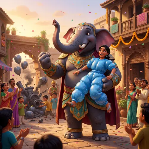 Disney Pixar Style Mythological Super-Elephant Hero Saves Indian Woman
