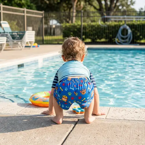 Adorable Toddler in Paw Patrol Swim Shorts by Well-Lit Poolside