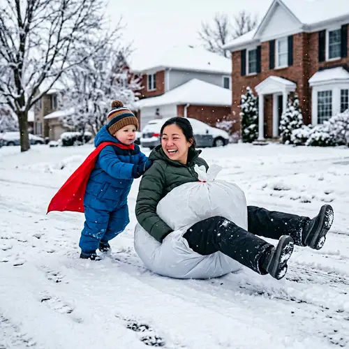 Super Hero Toddler Pushing Woman in Snow-filled Street | 4k Cinematic Scene
