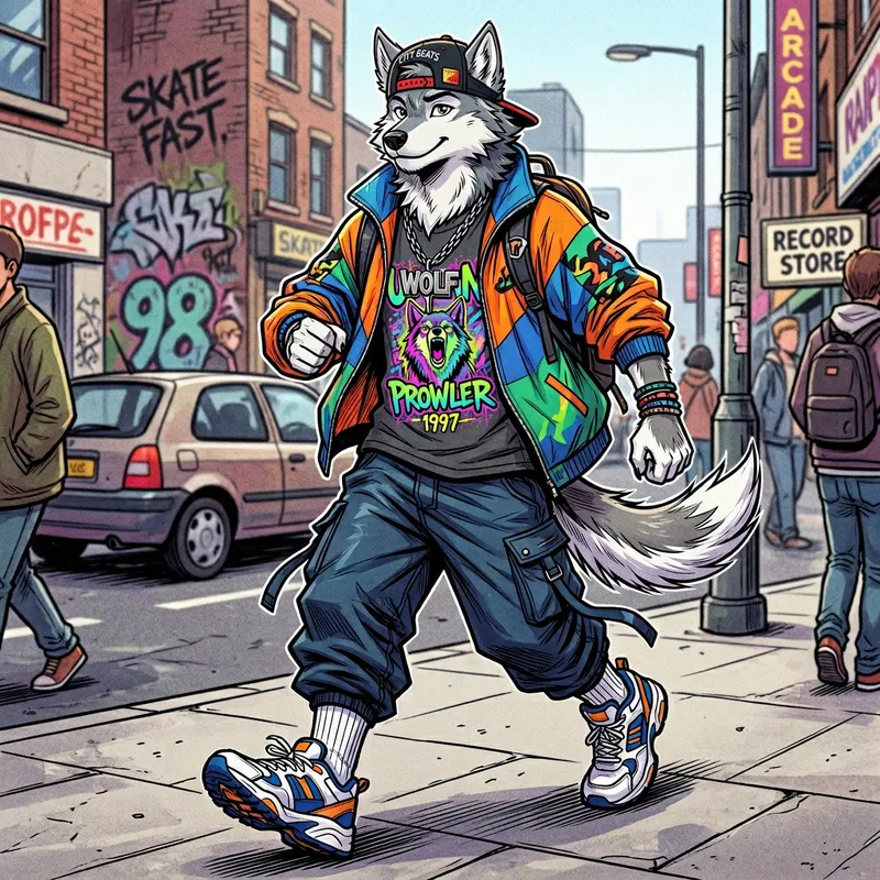 Anthro Wolf in Late 90s Streetwear | Manga Art Style