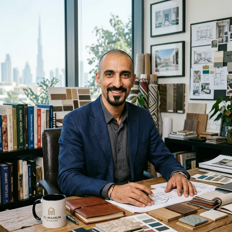 Detailed Portrait of Arabic Interior Designer with Mid-Tan Skin Tone Detailed Portrait of Arabic Interior Designer with Mid-Tan Skin Tone