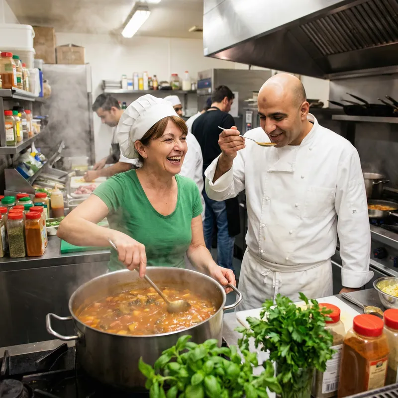 Professional Chefs and Diverse Cuisine in Busy Restaurant Kitchen