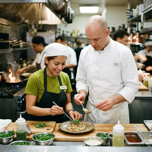 Diverse Chefs Creating Colorful Dish in Bustling Restaurant