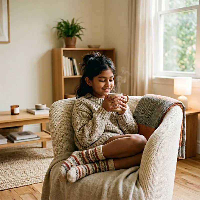 Girl in Knitted Socks and Sweater at Home
