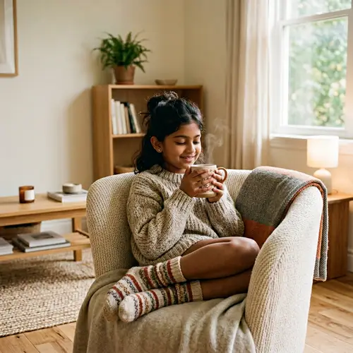 Cozy South Asian Girl in Minimalist Living Room