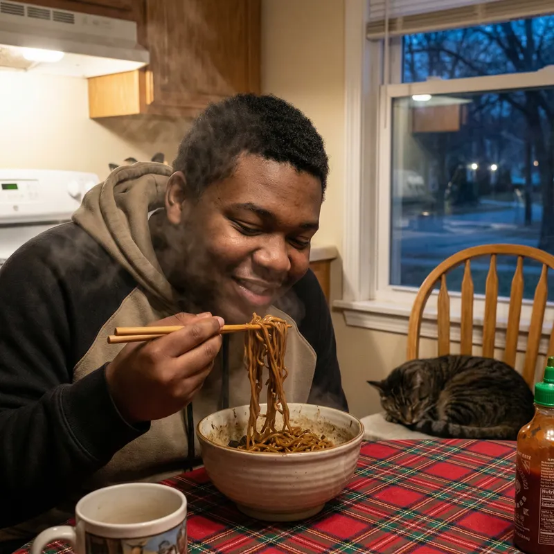 Black Teen Boy Enjoying Delicious Noodles at Home | Heartwarming Scene