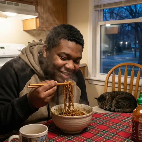 Black Teen Boy Enjoying Delicious Noodles at Home
