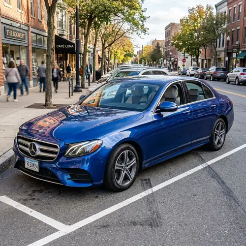 Modern Blue Car Parked Perfectly in Spotlight