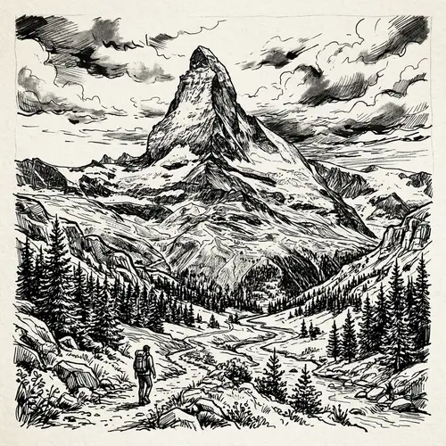 Black and White Illustrated Mountain Drawing