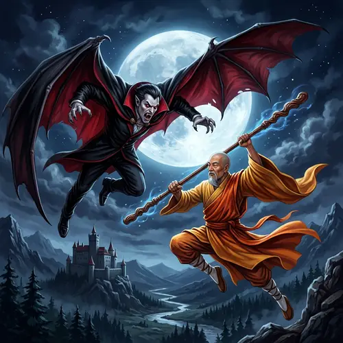 Epic Vampire vs. Monk Battle in Moonlit Night Sky