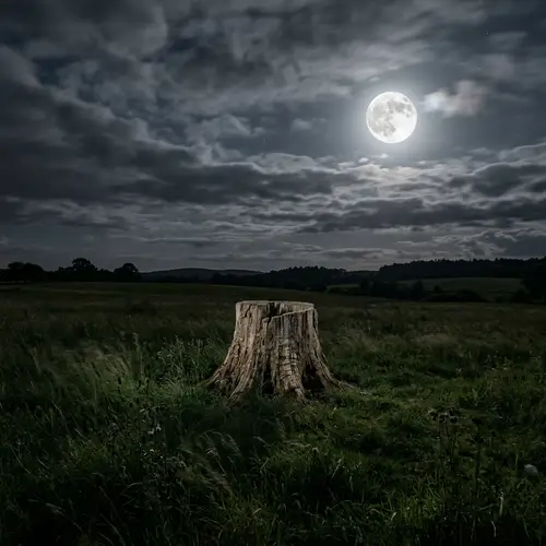 Silver Moonlit Scene with Tree Stump and Grass