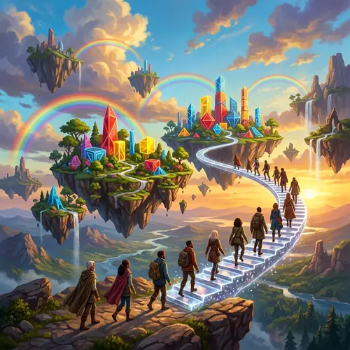 Surreal Landscape with Floating Islands and Rainbow Paths