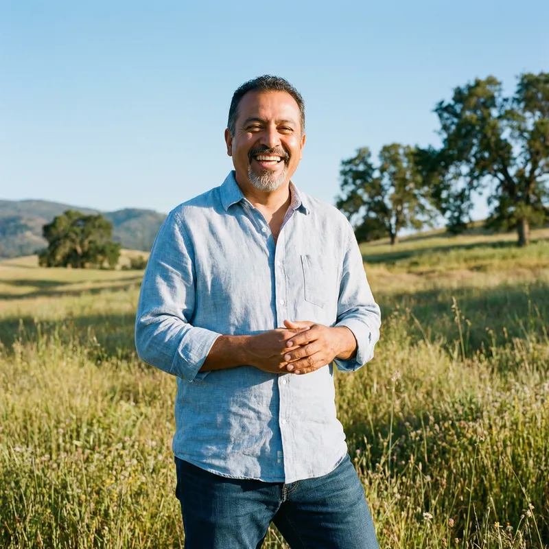 Middle-Aged Man Smiling Outdoors in Casual Attire
