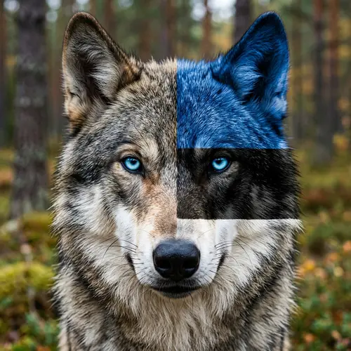 Close-up Portrait of Wolf with Mesmerizing Blue Eyes | Estonian Flag