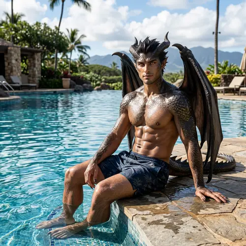Male Dragon Demi-Human Relaxing by the Pool in Casual Swim Shorts