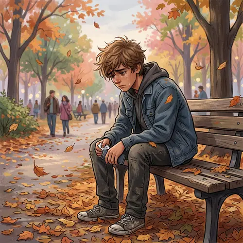 Heartbroken Hispanic Teenage Boy Alone on Park Bench in Autumn