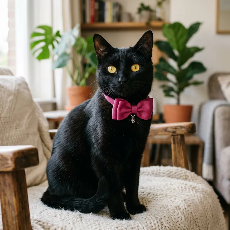 Elegant Black Cat with Yellow Eyes - Ciklama Flower Collar