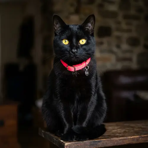 Vibrant Black Cat with Bright Yellow Eyes and Pink Collar