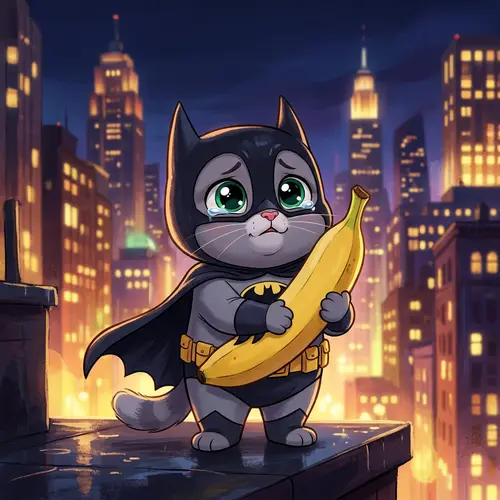 Adorable Kitten in Superhero Costume with Banana