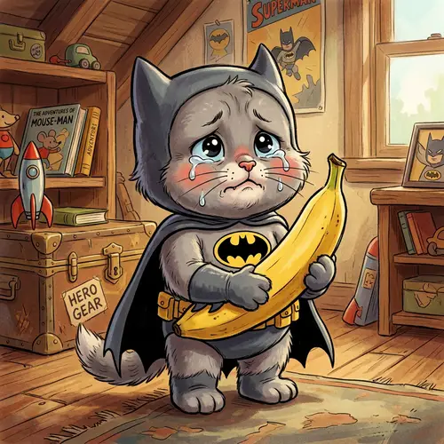 Adorable Gray Kitten in Batman Suit Holding a Banana