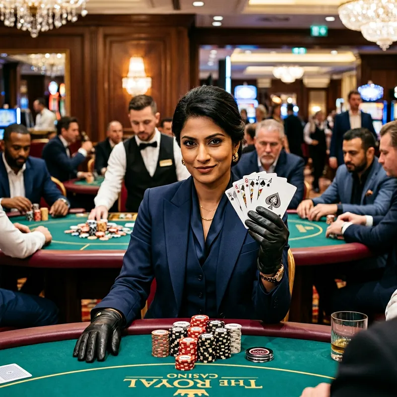 Stylish Woman with Gloves Holding Poker Cards in Casino