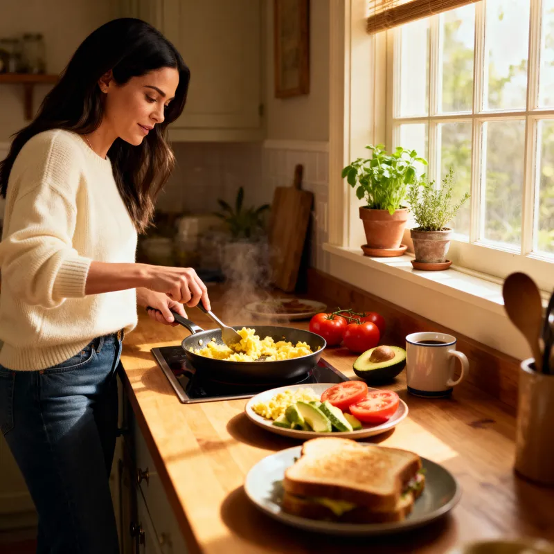 Mila Kunis Cooking Breakfast in Sunlit Kitchen