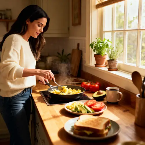 Mila Kunis Cooking Breakfast in Sunlit Kitchen