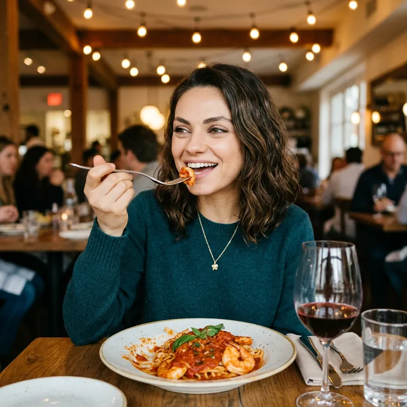 Mila Kunis Enjoying a Delicious Meal