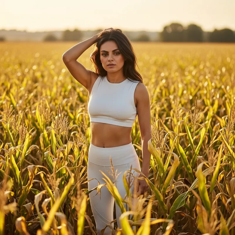 Mila Kunis in Workout Apparel in a Corn Field