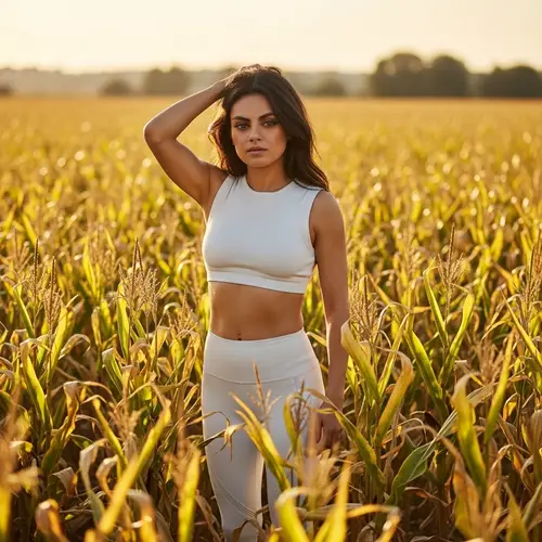Mila Kunis in Workout Apparel in a Corn Field
