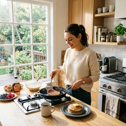 Mila Kunis Cooking Breakfast in Sunlit Kitchen