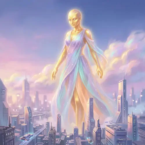 Majestic Golden-Skinned Alien Goddess | Ethereal City Skyline Art