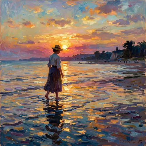 Sunset Oil Painting: Woman Walking in Water
