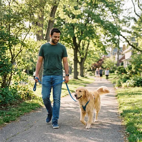 Golden Retriever Dog Walking with South Asian Male Owner