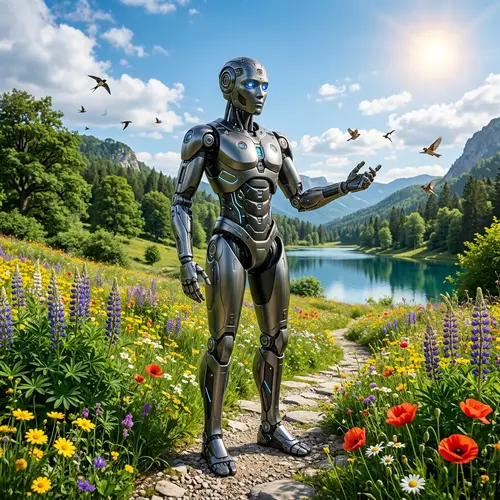Advanced AI Robot in Nature - Futuristic Harmony