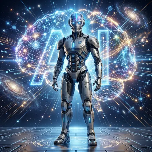 Realistic AI Expert Robot | Logo-Like Background Design