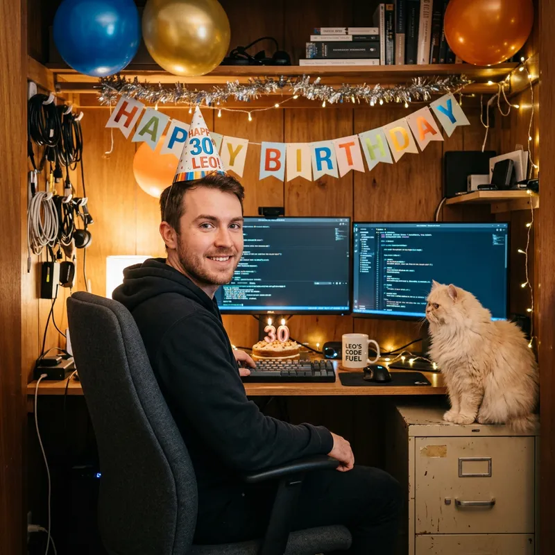 Programmer Celebrating Birthday with Cat in Home Office Programmer Celebrating Birthday with Cat in Home Office
