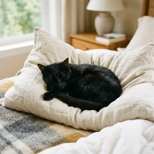 Black Cat Comfortably Sleeping on a Pillow