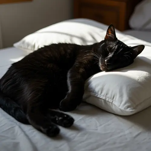 Black Cat Comfortably Sleeping on a Pillow